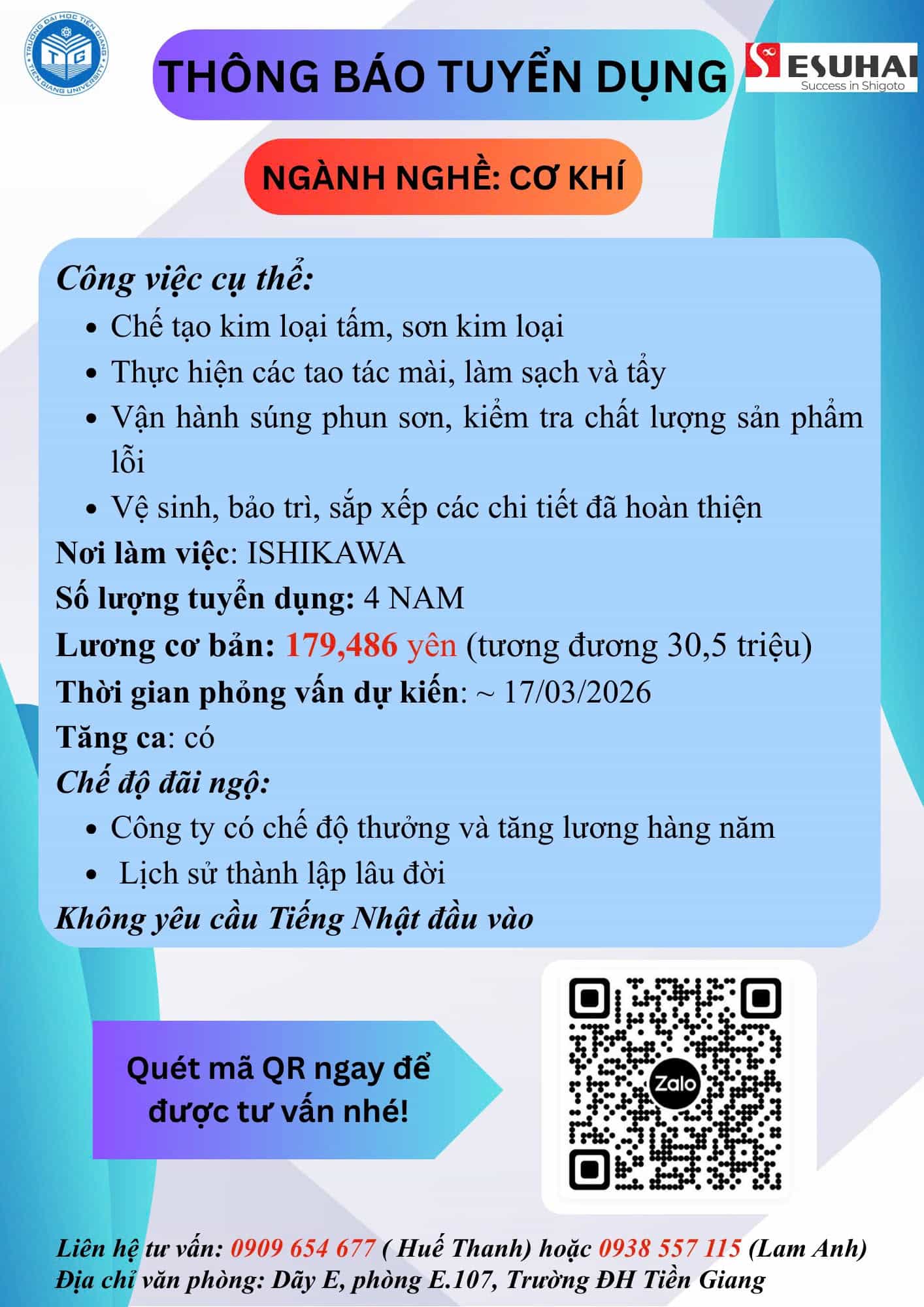 Tuyển dụng 4 Nam tốt nghiệp ngành cơ khí 