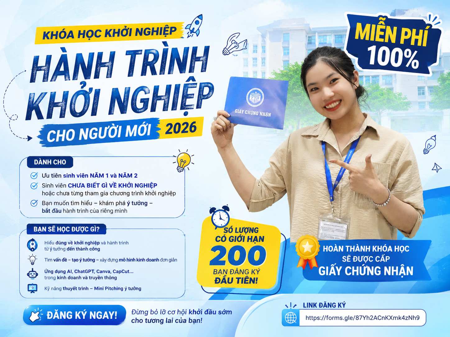 Khóa đào tạo “Hành trình khởi nghiệp cho người mới” năm 2026 miễn phí cho sinh viên