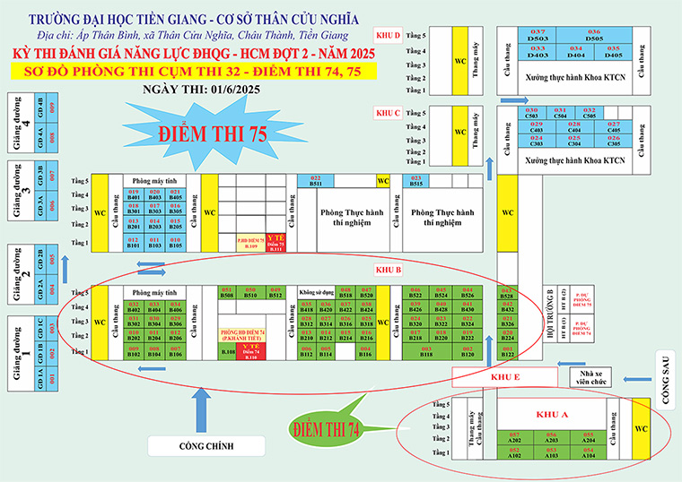 Sơ đồ phòng thi, Kỳ thi Đánh giá năng lực của ĐHQG-HCM, đợt 2 tại Trường ĐH Tiền Giang