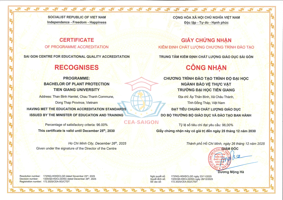 Giấy chứng nhận kiểm định chất lượng chương trình đào tạo trình độ đại học ngành bảo vệ thực vật
