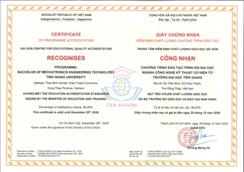Đại học CNKT Cơ điện tử - Trường Đại học Tiền Giang đạt kiểm định Chương trình đào tạo
